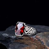 ZİRKON TAŞLI KIRMIZI RENK 925 AYAR GÜMÜŞ ERKEK YÜZÜK