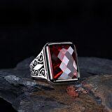 KIRMIZI RENK ZİRKON TAŞLI 925 AYAR GÜMÜŞ ERKEK YÜZÜK