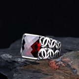 KIRMIZI RENK ZİRKON TAŞLI 925 AYAR GÜMÜŞ ERKEK YÜZÜK