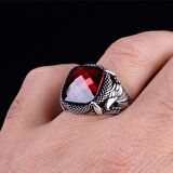 KIRMIZI RENK ZİRKON TAŞLI KARTAL MOTİF GÜMÜŞ YÜZÜK