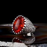 SENTETİK KEHRİBAR TAŞLI KALEM İŞLEME MOTİFLİ 925 AYAR GÜMÜŞ ERKEK YÜZÜK