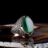 AKİK TAŞLI KALEM İŞLEME DESENLİ 925 AYAR GÜMÜŞ ERKEK YÜZÜK