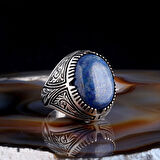 LAPİS TAŞLI KALEM İŞLEME DESENLİ 925 AYAR GÜMÜŞ ERKEK YÜZÜK