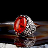 SENTETIK KEHRİBAR TAŞLI KALEM İŞLEME DESENLİ 925 AYAR GÜMÜŞ ERKEK YÜZÜK