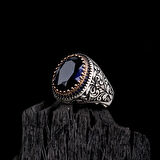 925 Ayar Gümüş Mavi Renk Zirkon Taşlı Erkek Yüzük