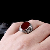 925 Ayar Gümüş Akik Taşlı Kalem İşleme Motifli Erkek Yüzük