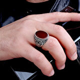 925 Ayar Gümüş Akik Taşlı Kalem İşleme Motifli Erkek Yüzük