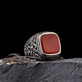 Otantik Desen Motifli Akik Taşlı 925 Ayar Gümüş Erkek Yüzük