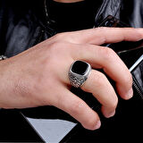 Otantik Desen Motifli Onix Taşlı 925 Ayar Gümüş Erkek Yüzük