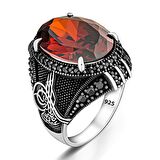 Osmanlı Mührü Motifli Kırmızı Zirkon Taşlı Gümüş Yüzük