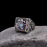 925 AYAR GÜMÜŞ KALEM İŞLEME MOTİFLİ MİSTİK TOPAZ TAŞLI YÜZÜK