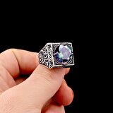 925 AYAR GÜMÜŞ KALEM İŞLEME MOTİFLİ MİSTİK TOPAZ TAŞLI YÜZÜK