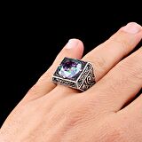 925 AYAR GÜMÜŞ KALEM İŞLEME MOTİFLİ MİSTİK TOPAZ TAŞLI YÜZÜK