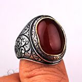 KALEM İŞLEME MOTİFLİ OVAL MODEL AKİK TAŞLI GÜMÜŞ YÜZÜK