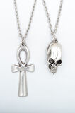 2'li Ankh Anahtarı - Nil'in Anahtarı - Kuru Kafa Gümüş Kaplama Kolye Seti