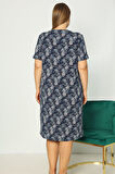 Kadın Büyük Beden Önden Düğmeli Desenli Kısa Kollu Gecelik