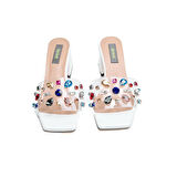 Renkli Taşlı Şeffaf Bantlı Kadın Topuklu Terlik 