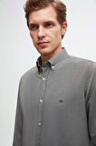 Slim Fit Antrasit Oxford Düğmeli Yaka Kolay Ütülenebilir Nakış Detaylı Pamuklu Gömlek 4HC02ORT03265