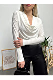 Kadın Beyaz Uzun Kol Degaje Yaka Sandy Bluz