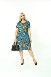 Kadın Büyük Beden Kısa Kollu Midi Boy Mavi Desenli Elbise