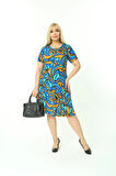 Kadın Büyük Beden Kısa Kollu Midi Boy Mavi Desenli Elbise