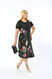 Kadın Büyük Beden Kısa Kollu Midi Boy Çiçek Desenli Siyah Elbise