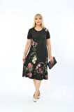 Kadın Büyük Beden Kısa Kollu Midi Boy Çiçek Desenli Siyah Elbise
