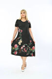 Kadın Büyük Beden Kısa Kollu Midi Boy Çiçek Desenli Siyah Elbise