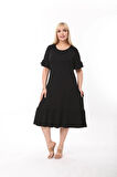 Kadın Büyük Beden Eteği Fırfırlı Cepli Viskon Kumaş Esnek Kısa Kollu Elbise