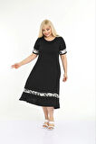Kadın Siyah Kol ve Etek Ucu Desenli Büyük Beden Elbise