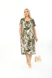Büyük Beden Yeşil Ebru Desenli Kısa Kol Elbise