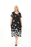 Büyük Beden Siyah Kelebek Desenli Kısa Kol Elbise