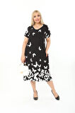Büyük Beden Siyah Kelebek Desenli Kısa Kol Elbise