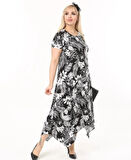 Kadın Büyük Beden Siyah Desenli Kısa Kollu Elbise