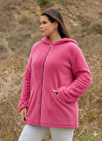Kadın Büyük Beden Uzun Kollu Cepli Kapüşonlu Fermuarlı Peluş Hırka Ceket