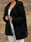 Kadın Büyük Beden Uzun Kollu Cepli Kapüşonlu Fermuarlı Peluş Hırka Ceket