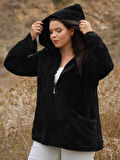 Kadın Büyük Beden Uzun Kollu Cepli Kapüşonlu Fermuarlı Peluş Hırka Ceket