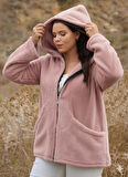 Kadın Büyük Beden Uzun Kollu Cepli Kapüşonlu Fermuarlı Peluş Hırka Ceket