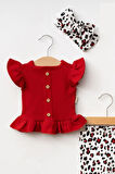 Kız Bebek Leopar Desenli Kolları Volanlı Bandanalı 3'lü Takım
