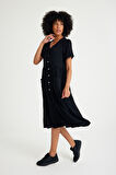 Barbora Keten Günlük Rahat V Yaka Beli Büzgü Detaylı Düğmeli Elbise LN04siyah12