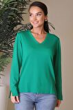 V YAKALI UZUN KOLLU YEŞİL KADIN BLUZ 715-2K4