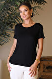SIFIR YAKA KISA KOLLU SİYAH KADIN T-SHİRT 00971-2Y4