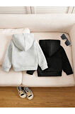 Çocuk 2'li Siyah-Gri Oversize Unisex Kapüşonlu Sweatshirt