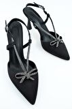 Modabuymus Bowtie Siyah Saten Taşlı Stiletto Abiye Ayakkabı