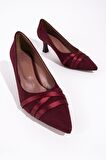 Modabuymus Sanger Bordo Süet Saten Bantlı Stiletto Kısa Kadeh Topuklu Ayakkabı
