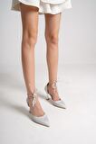Modabuymus Glossy Gümüş Taşlı Stiletto Abiye Topuklu Ayakkabı