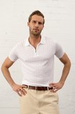 Erkek Fermuarlı Slim-Fit Polo Yaka İnce Triko T-shirt Beyaz