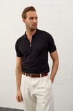 Erkek Fermuarlı Slim-Fit Polo Yaka İnce Triko T-shirt Koyu Lacivert