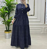 Kadın Lacivert Puantiyeli Viskon Kumaş Ön Düğmeli Ayarlanabilir Kuşaklı Tesettür Elbise