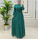 Kadın Yeşil Puantiyeli Viskon Kumaş Ön Düğmeli Ayarlanabilir Kuşaklı Tesettür Elbise